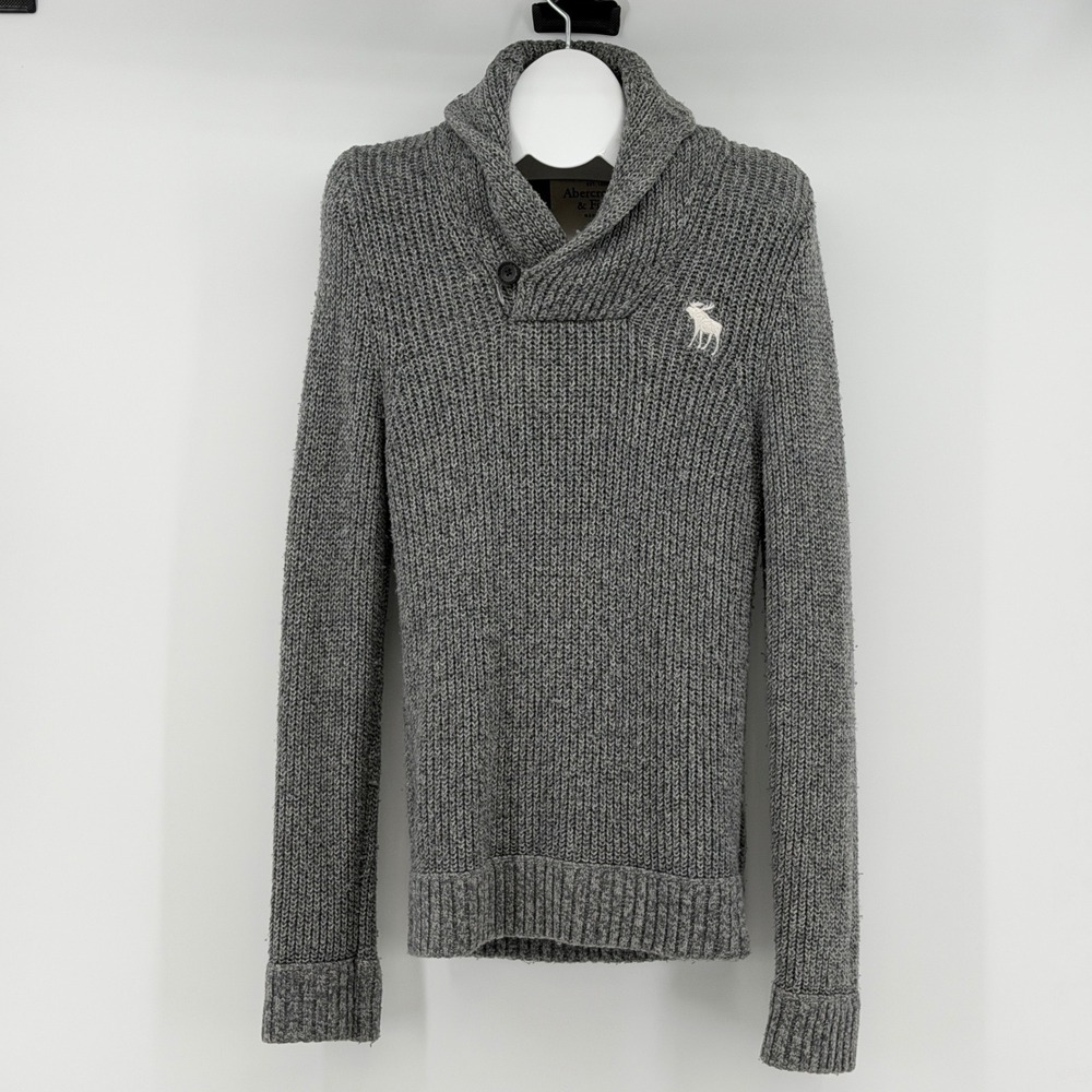 Abercrombie & Fitch Shawl Collar Sweater Mens M Grey Ribbed Knit Wool Blend Logo